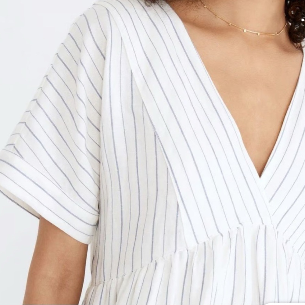 Madewell Dusty Twilight/White Dolman Sleeve V-Neck Lined Linen Dress.